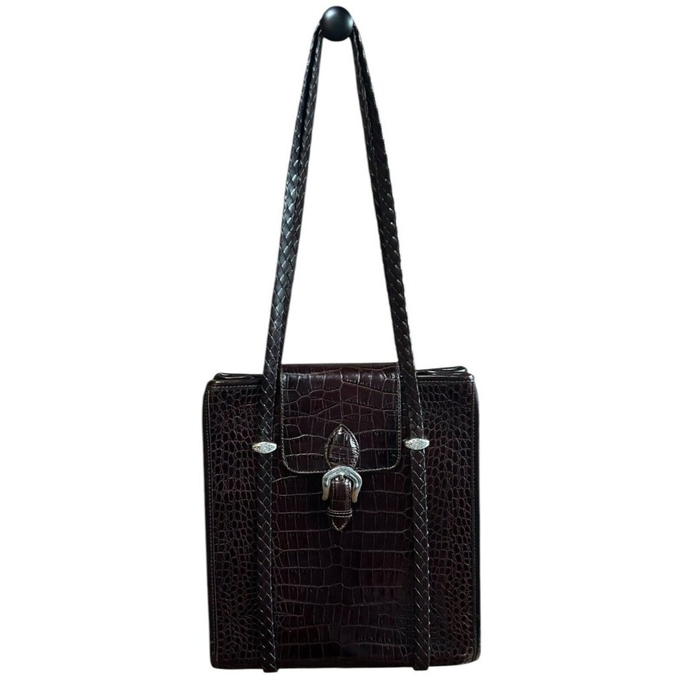 Brighton Brown Leather Croc Embossed Trim Shoulder Handbag Women's Purse